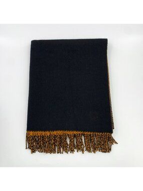 Hermès Black Cashmere Logo Embroidered Fringe Scarf